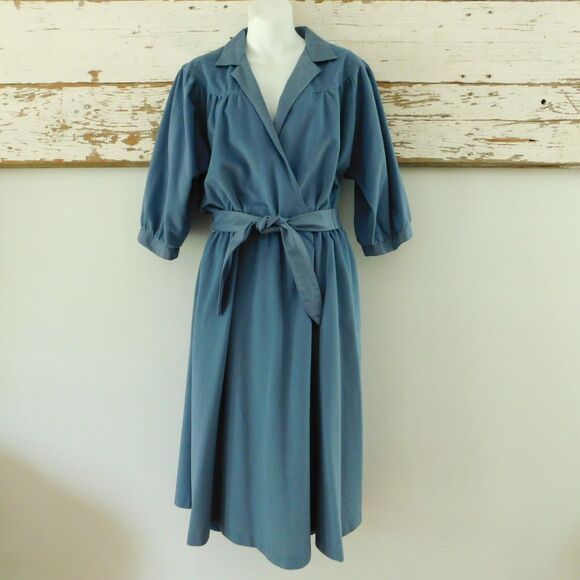Vintage 70s Greentree by Walden 14 Blue Brushed Polyester Belted E/W Dress MINT - Picture 10 of 10